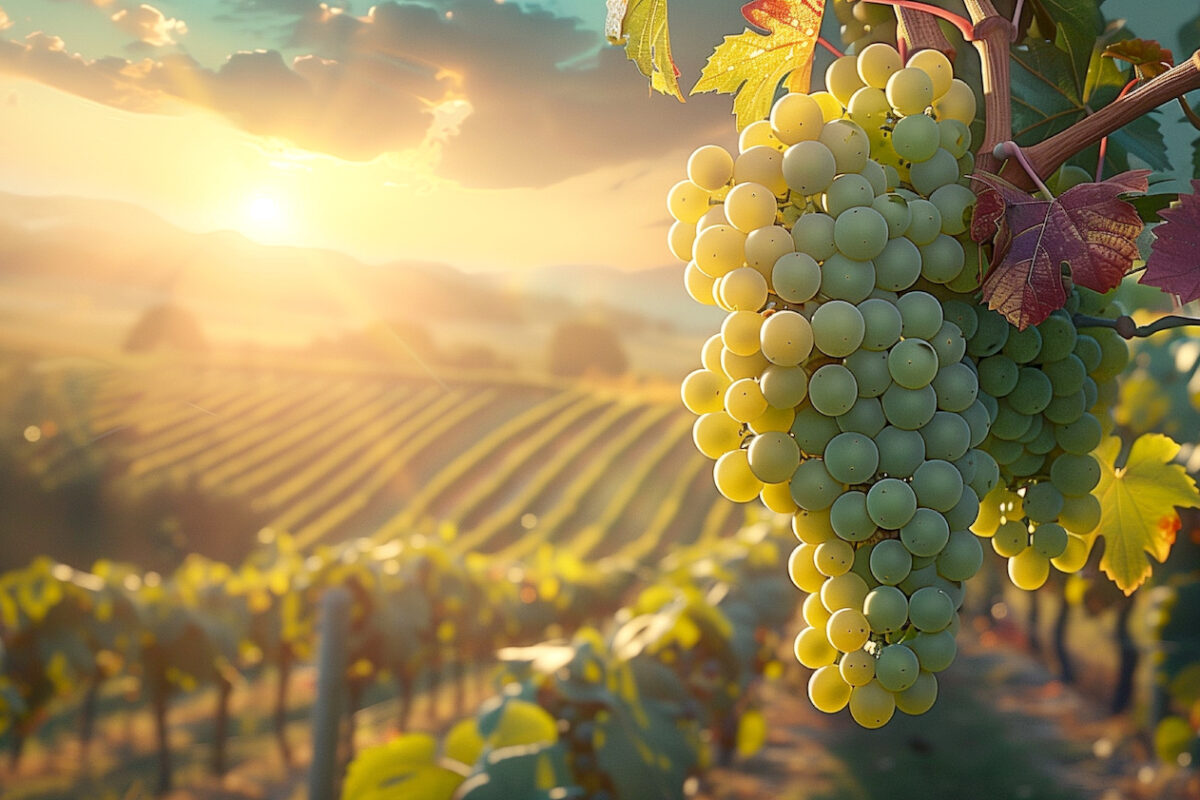 Weiße Weinrebe vor Weinbergen bei Sonnenuntergang