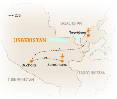 Landkarte Usbekistan mit Reiseroute von Taschkent über Buchara nach Samarkand